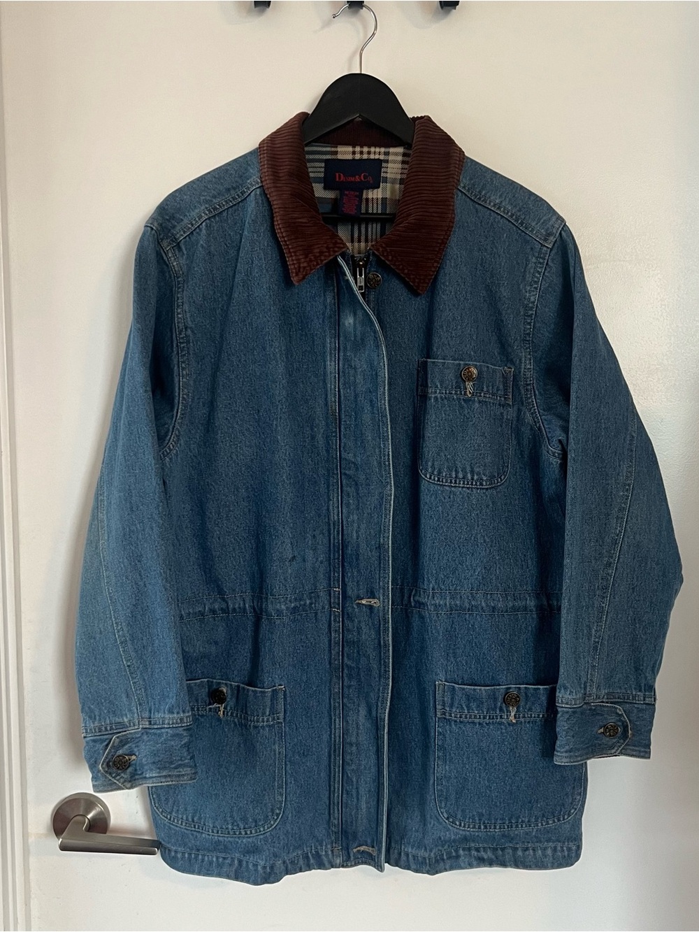 Denim&Co Blue Plaid Jacket with Brown Corduroy Collar